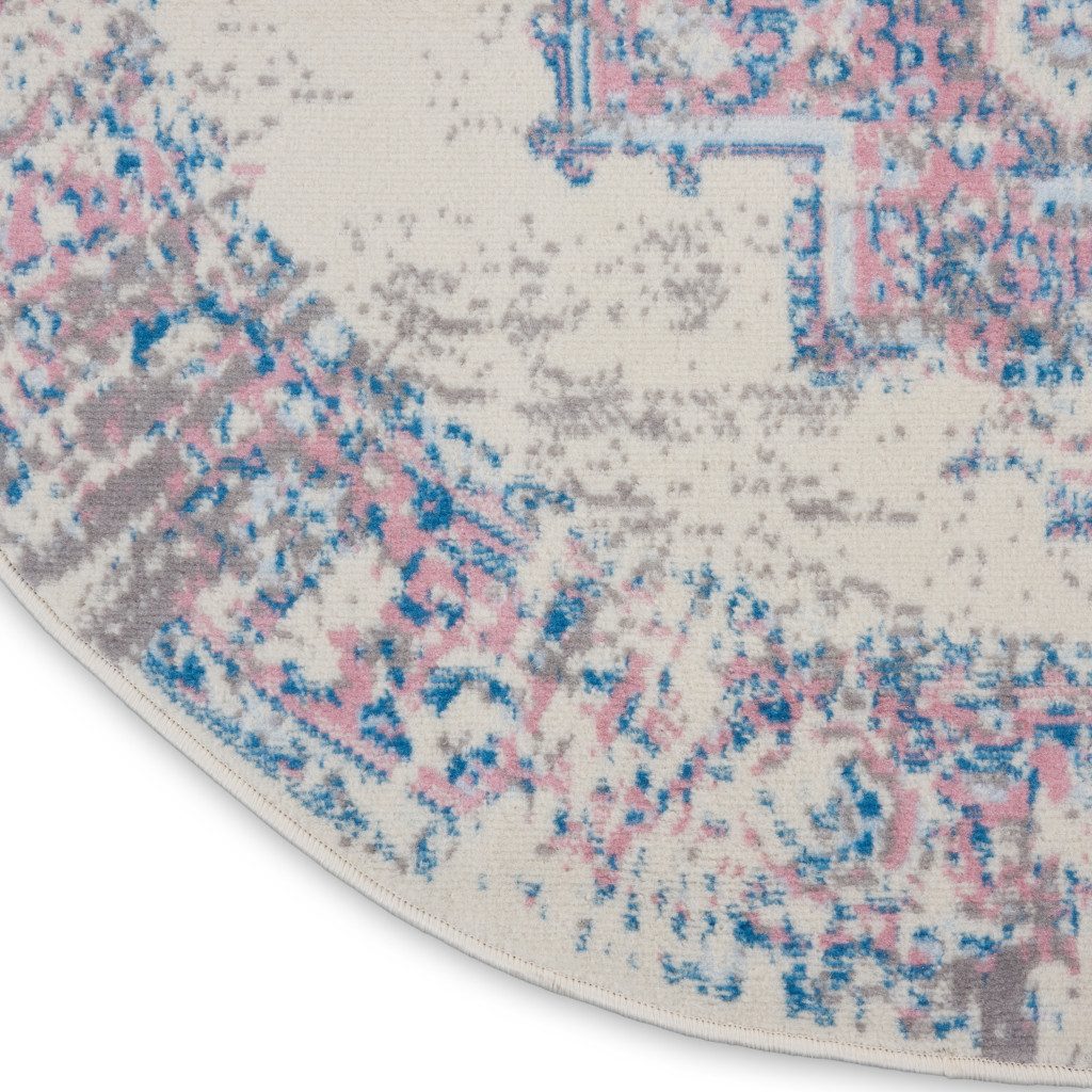 5′ Ivory Pink and Blue Medallion Distressed Round Rug