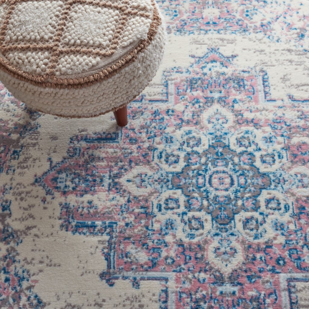 5′ Ivory Pink and Blue Medallion Distressed Round Rug