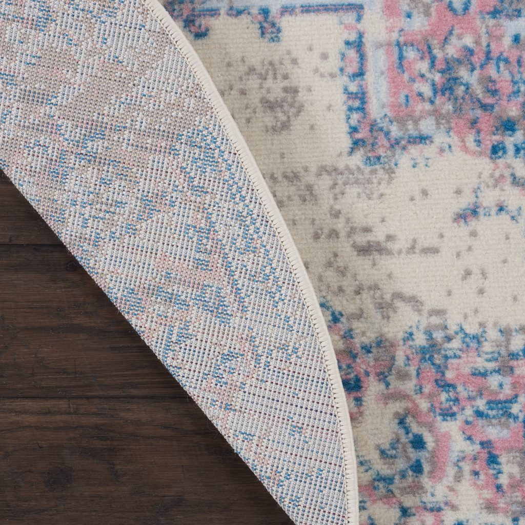 5′ Ivory Pink and Blue Medallion Distressed Round Rug