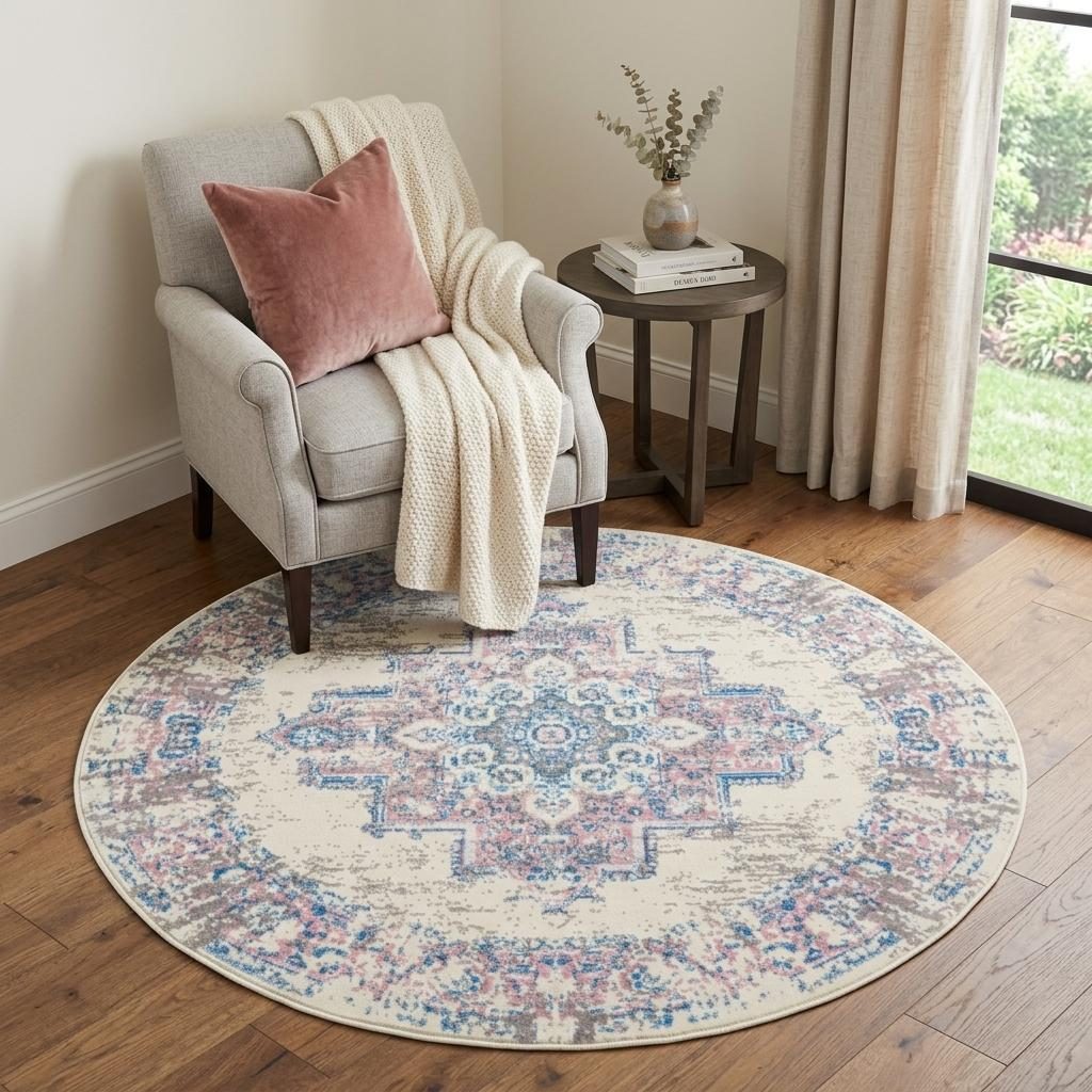 5′ Ivory Pink and Blue Medallion Distressed Round Rug