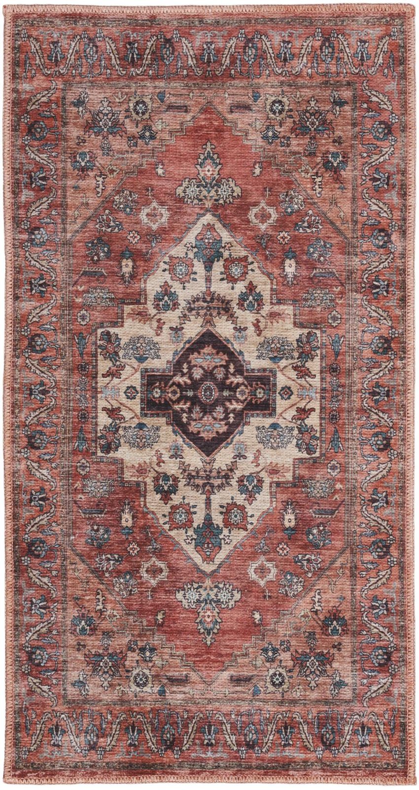 2′ X 4′ Beige and Red Distressed Medallion Area Rug
