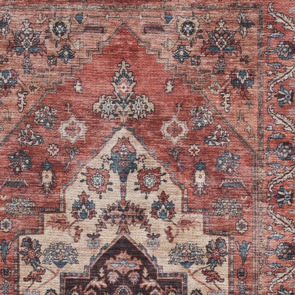 2′ X 4′ Beige and Red Distressed Medallion Area Rug