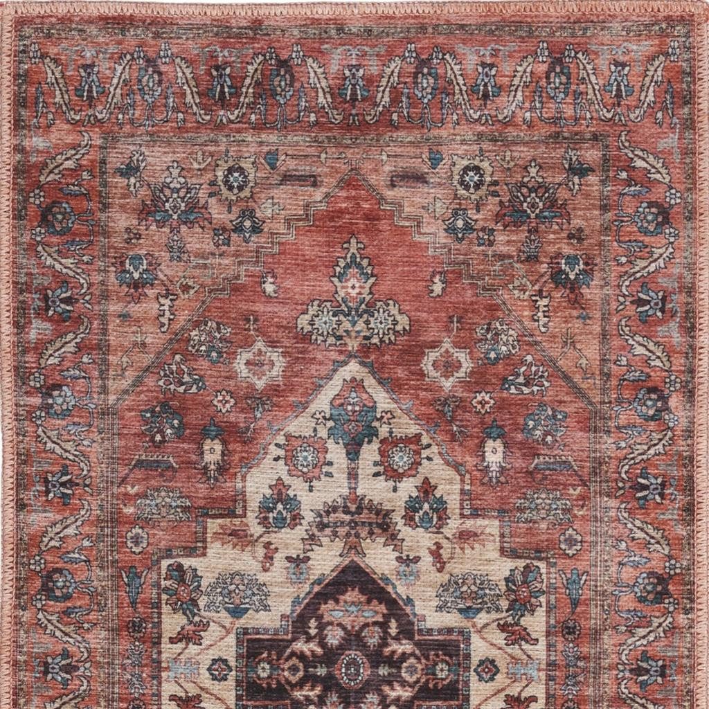 2′ X 4′ Beige and Red Distressed Medallion Area Rug