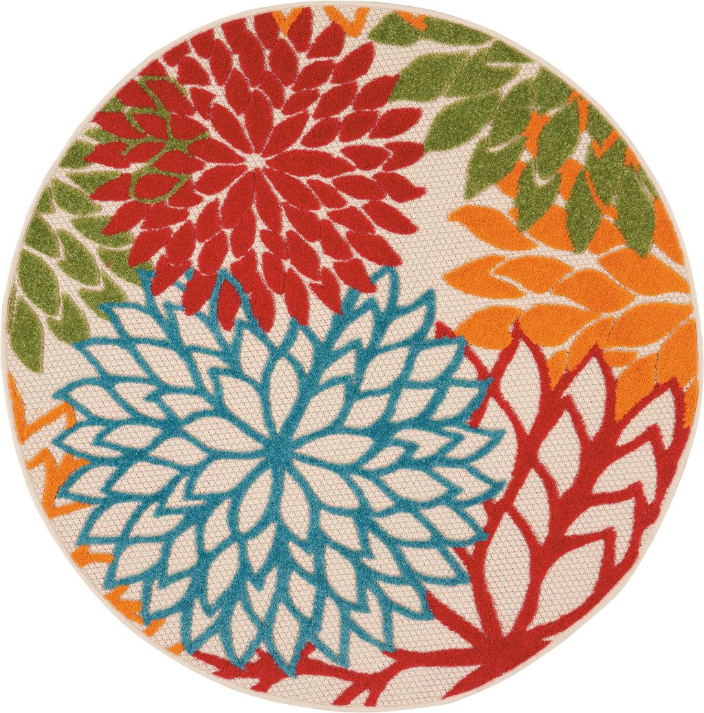 4′ Green Orange Red And Blue Round Floral Rug