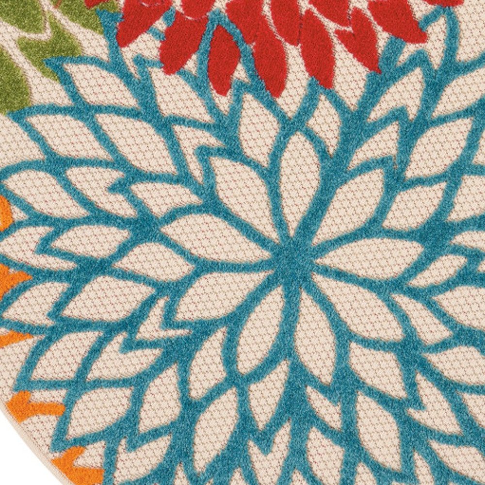 4′ Green Orange Red And Blue Round Floral Rug