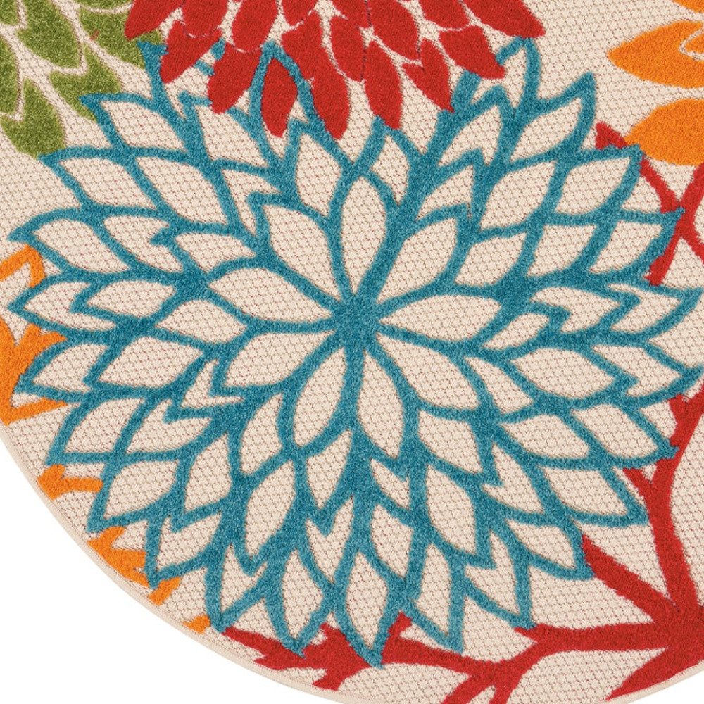 4′ Green Orange Red And Blue Round Floral Rug