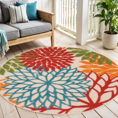 4′ Green Orange Red And Blue Round Floral Rug