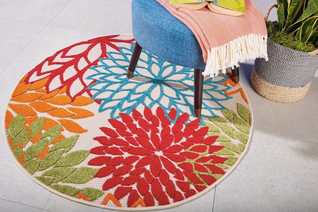 4′ Green Orange Red And Blue Round Floral Rug