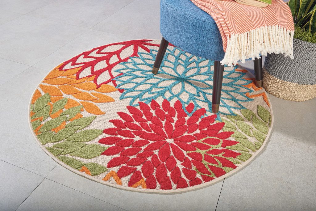 4′ Green Orange Red And Blue Round Floral Rug
