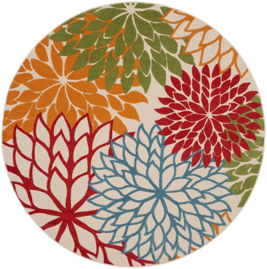 5′ Orange Red Green Blue Floral Indoor Outdoor Round Rug