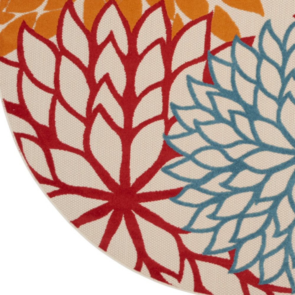 5′ Orange Red Green Blue Floral Indoor Outdoor Round Rug