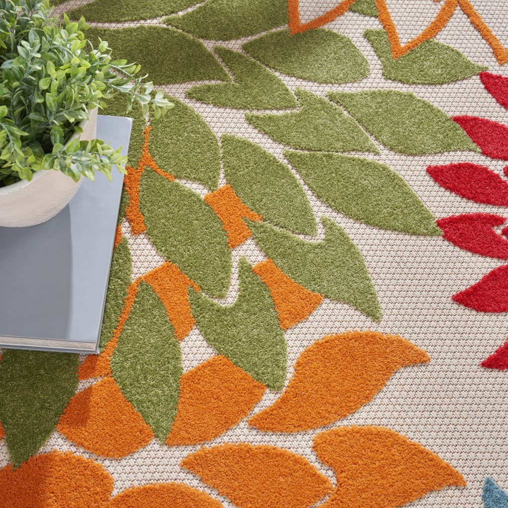 5′ Orange Red Green Blue Floral Indoor Outdoor Round Rug