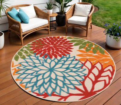 8′ Ivory Floral Indoor Outdoor Round Rug