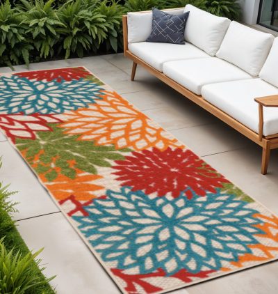 8′ Ivory Green Blue Red Orange Floral Indoor Outdoor Runner