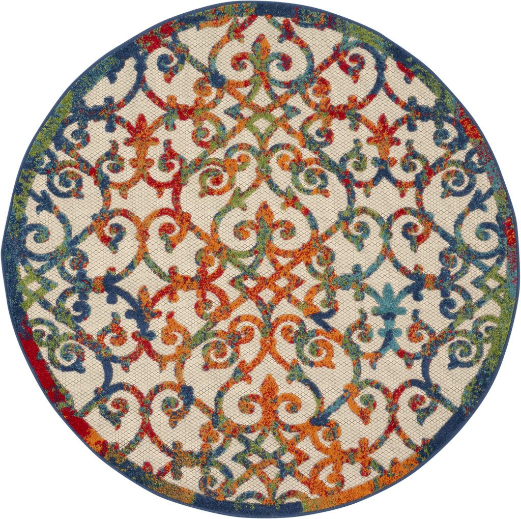 4′ Ivory Blue Orange Green Trellis Indoor Outdoor Round Rug