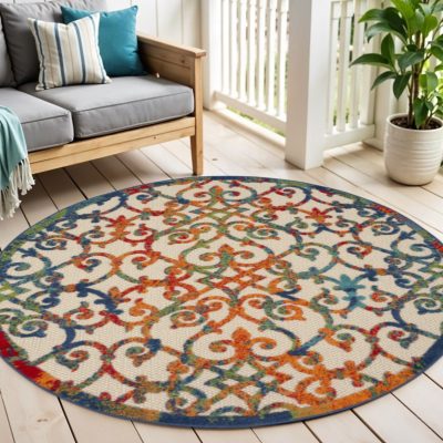 4′ Ivory Blue Orange Green Trellis Indoor Outdoor Round Rug