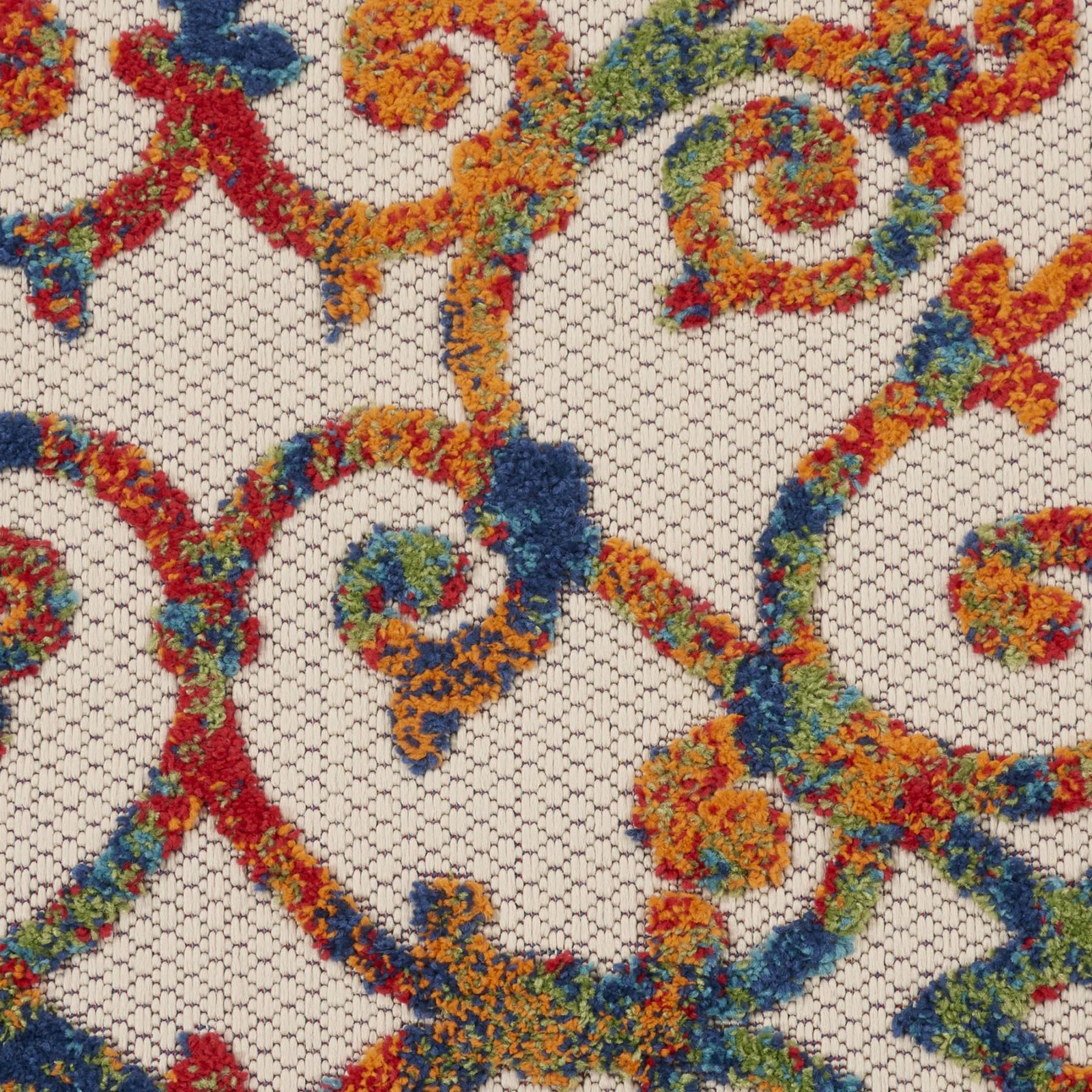 4′ Ivory Blue Orange Green Trellis Indoor Outdoor Round Rug