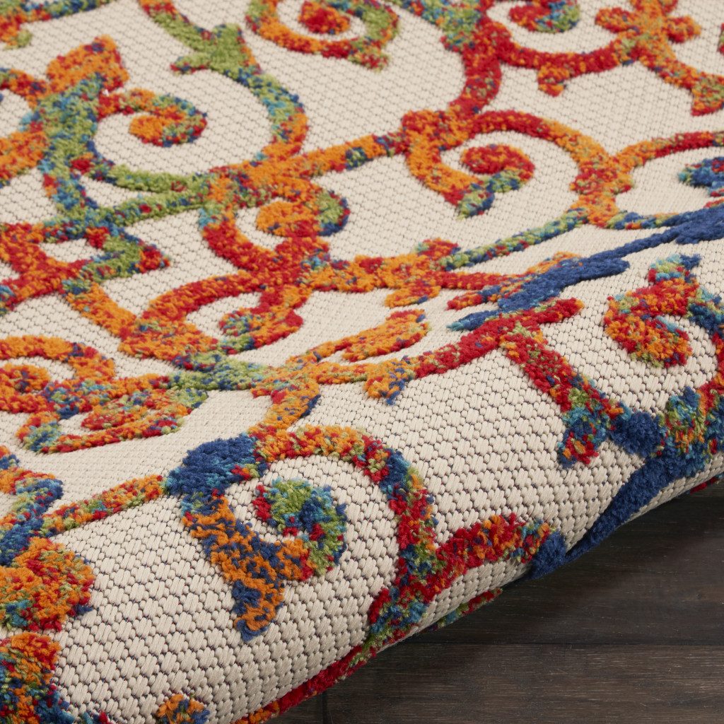 4′ Ivory Blue Orange Green Trellis Indoor Outdoor Round Rug