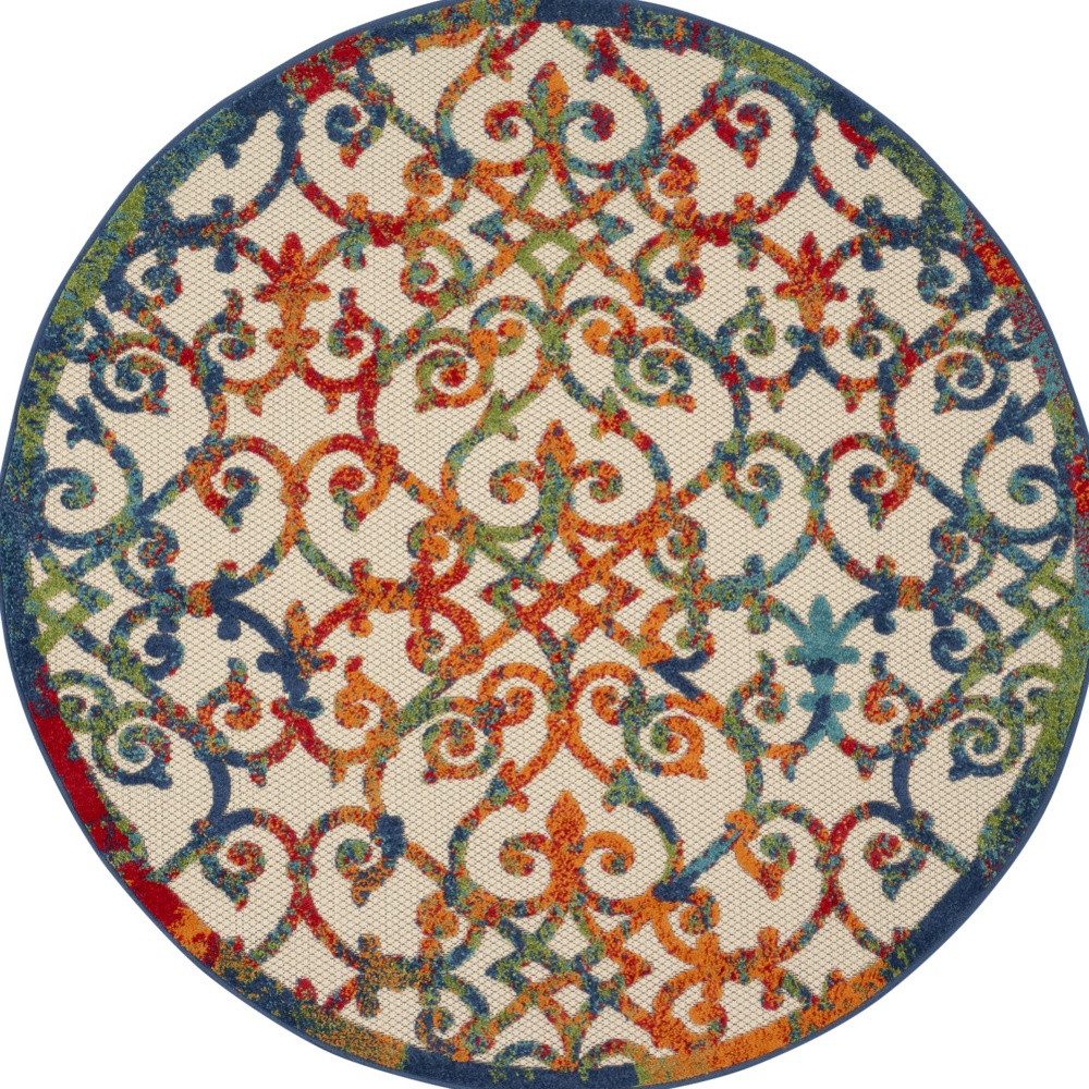 4′ Ivory Blue Orange Green Trellis Indoor Outdoor Round Rug