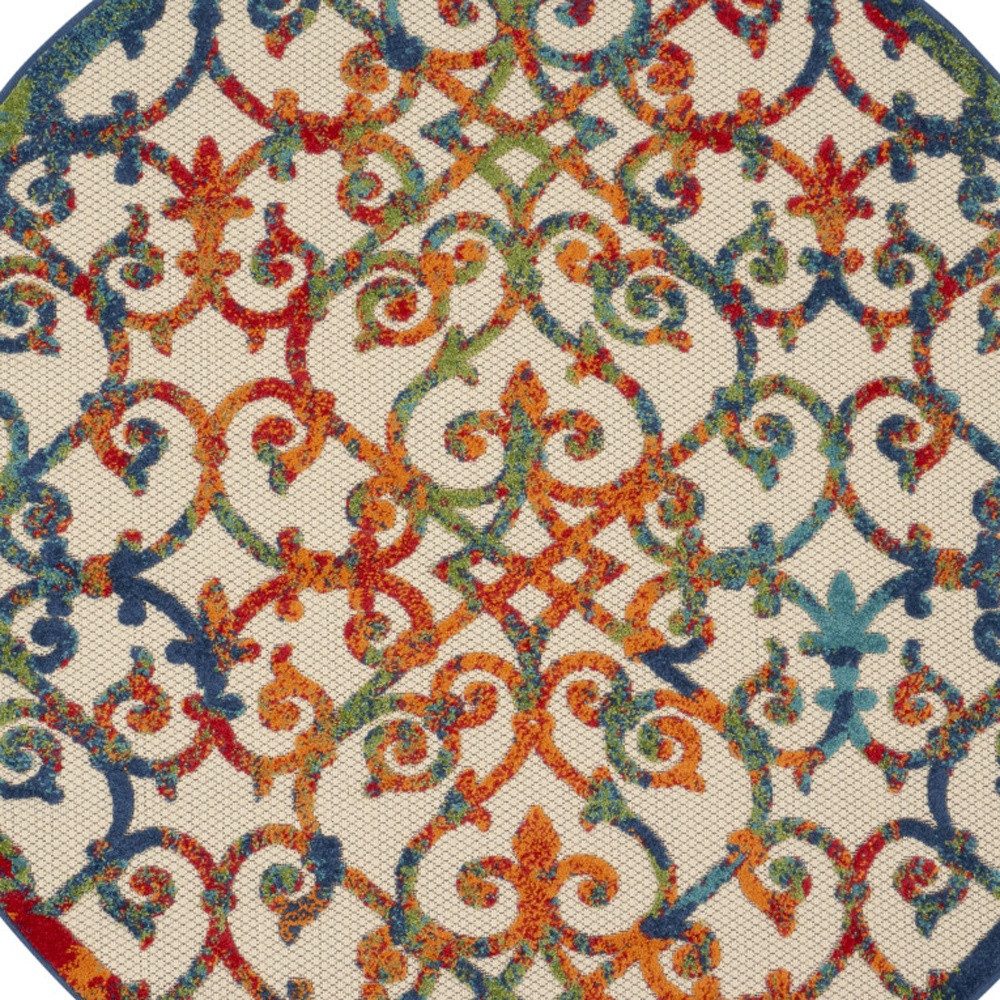 4′ Ivory Blue Orange Green Trellis Indoor Outdoor Round Rug