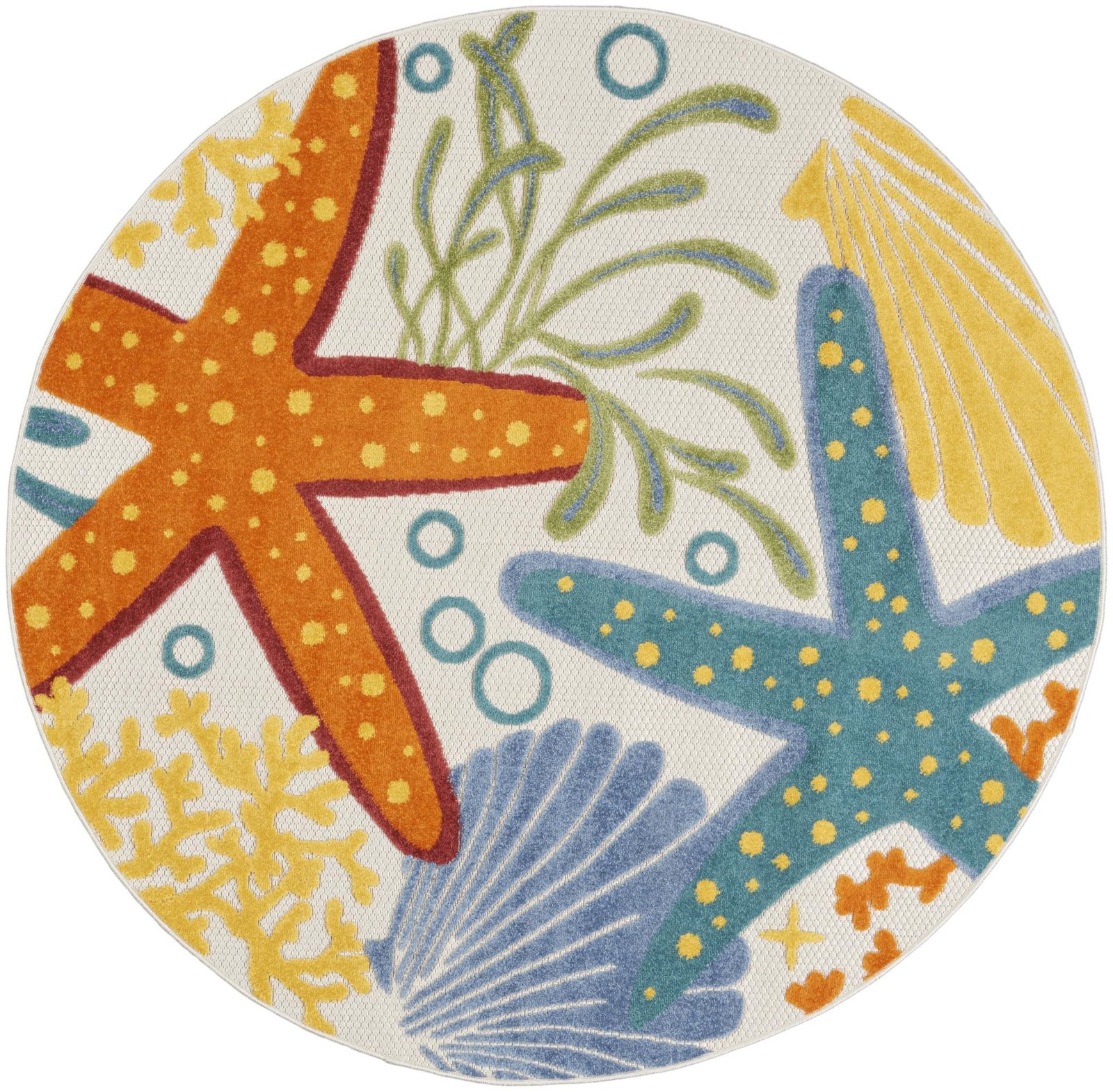 4′ Blue Yellow And Orange Starfish Indoor Outdoor Round Rug