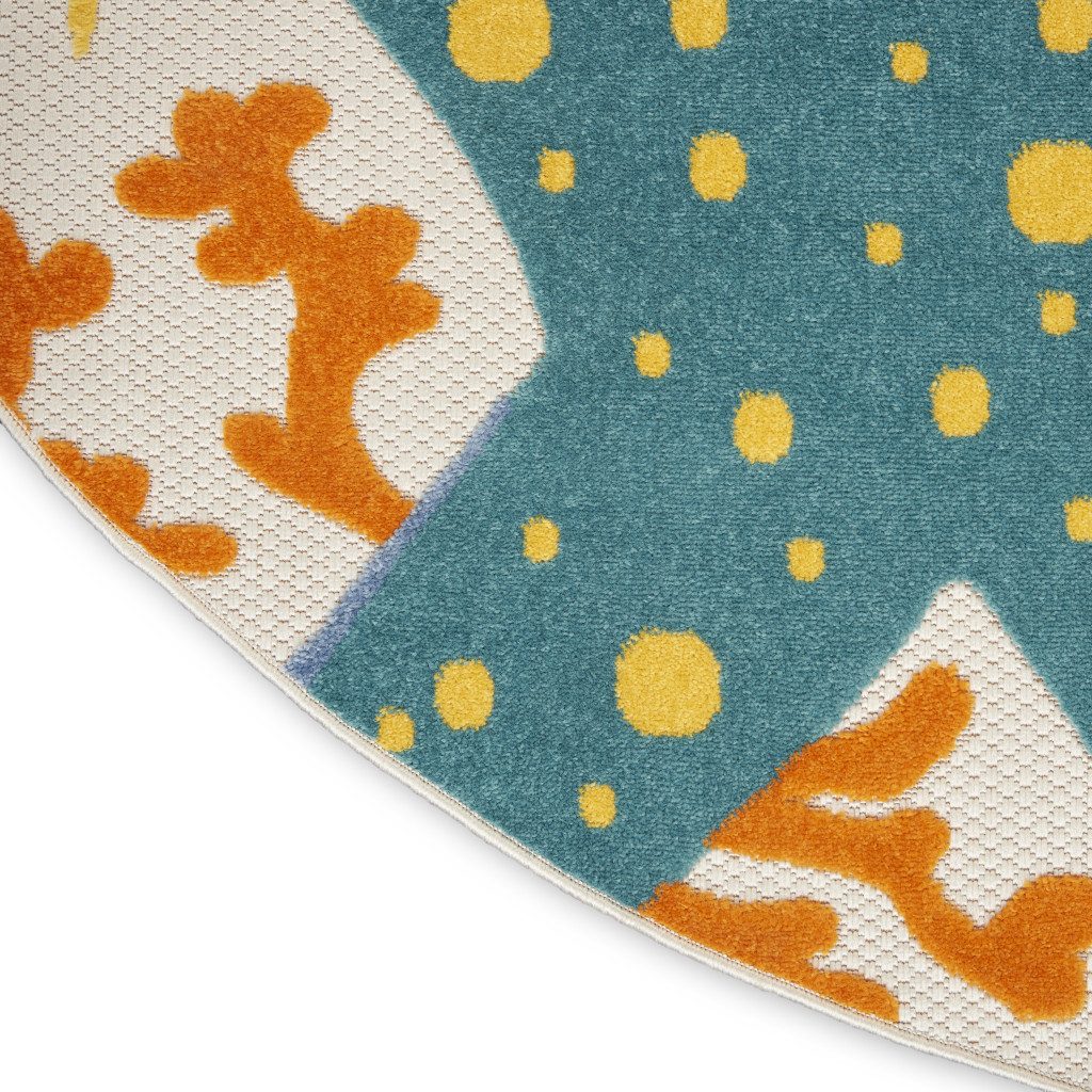 4′ Blue Yellow And Orange Starfish Indoor Outdoor Round Rug