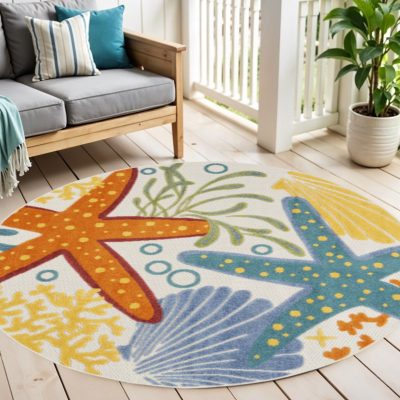 4′ Blue Yellow And Orange Starfish Indoor Outdoor Round Rug