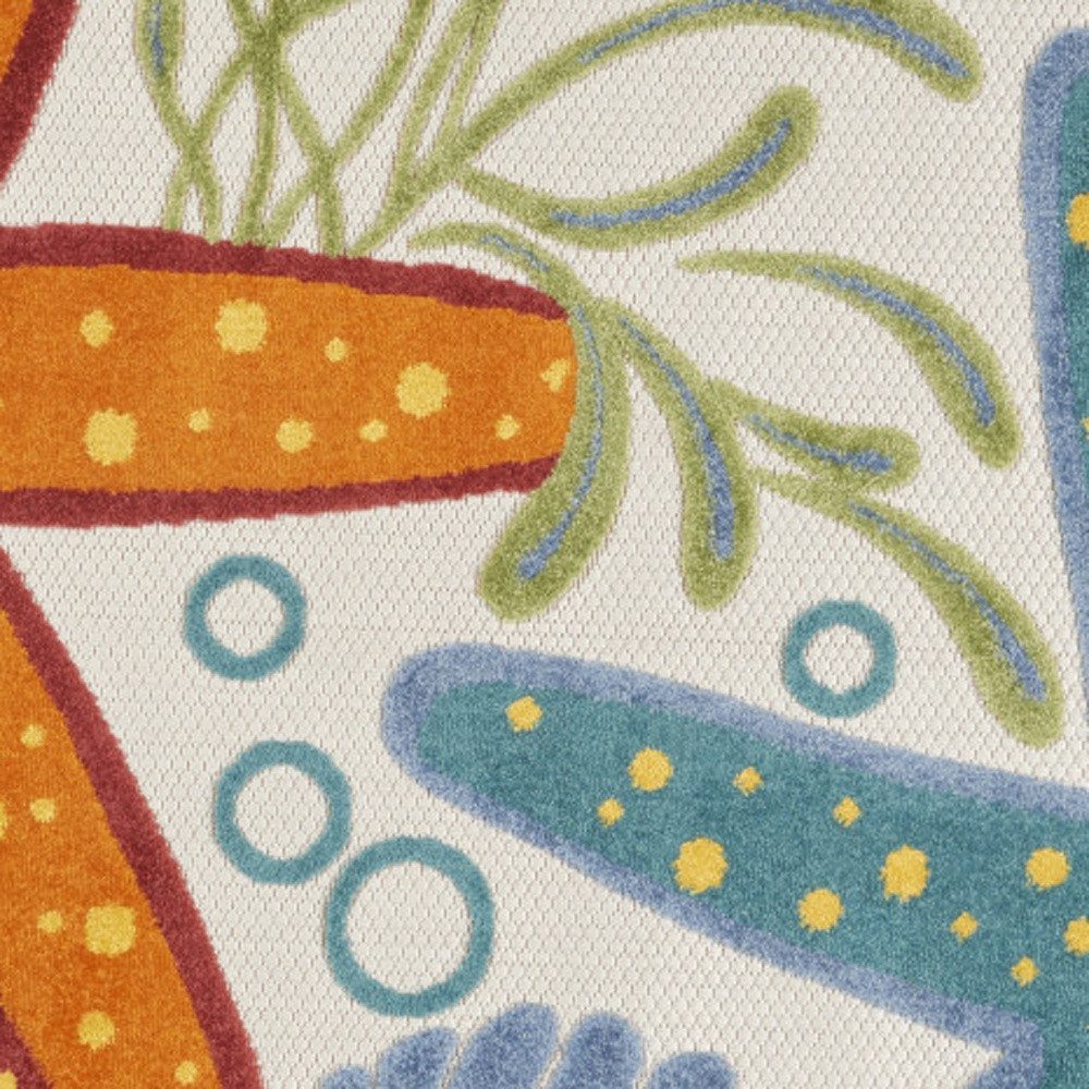 4′ Blue Yellow And Orange Starfish Indoor Outdoor Round Rug