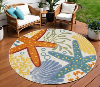 8′ Blue Yellow And Orange Starfish Indoor Outdoor Round Rug
