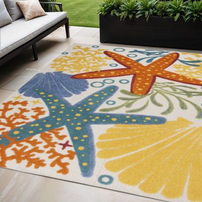 5′ X 8′ Blue Yellow And Orange Starfish Area Rug