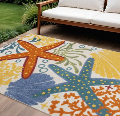 8′ X 11′ Blue And Yellow Starfish Indoor/Outdoor Area Rug