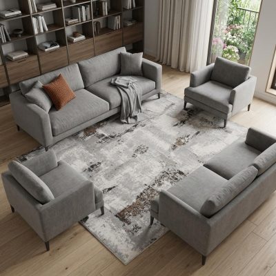 8′ X 10′ Ivory Black Gray Abstract Non-Skid Area Rug