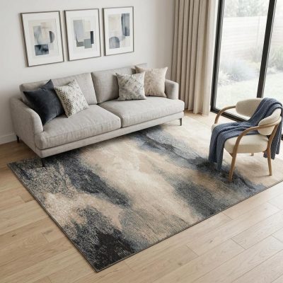 5′ X 7′ Gray Black and Beige Abstract Area Rug