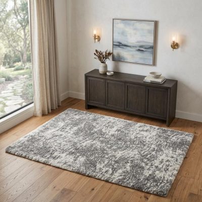 4′ X 6′ Charcoal and Ivory Abstract Shag Area Rug