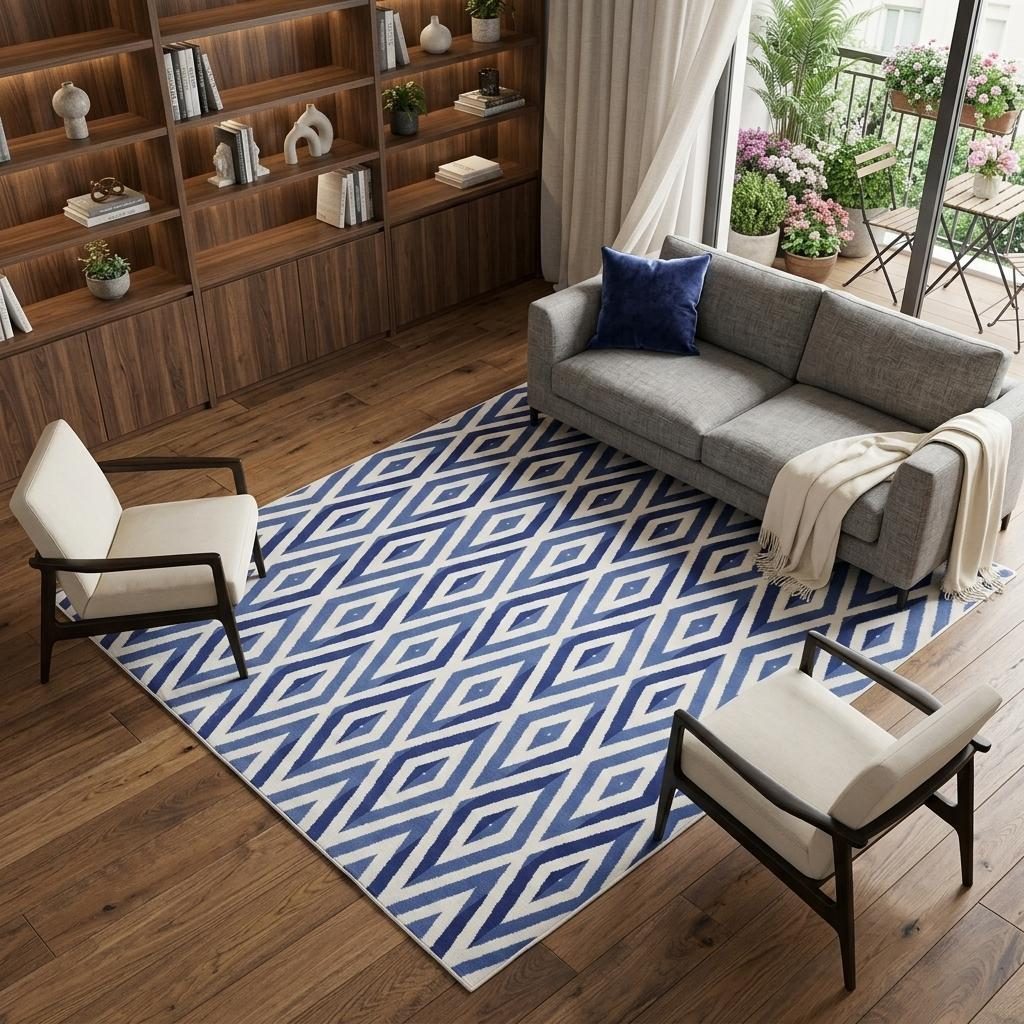 7′ X 10′ Ivory and Blue Geometric Distressed Area Rug