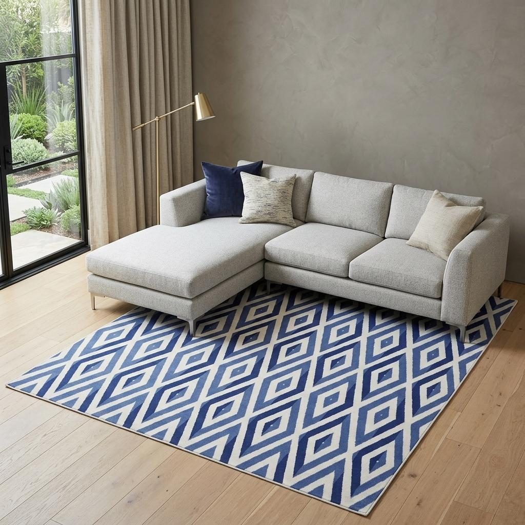 8′ X 10′ Ivory and Blue Geometric Distressed Area Rug
