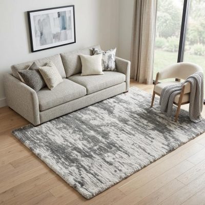5′ X 7′ Charcoal Ivory Abstract Shag Area Rug III