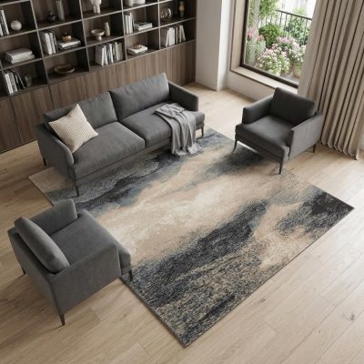 8′ X 11′ Gray Black and Beige Abstract Area Rug