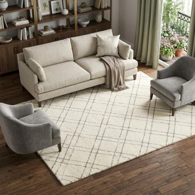 7′ X 9′ Ivory and Gray Geometric Shag Area Rug