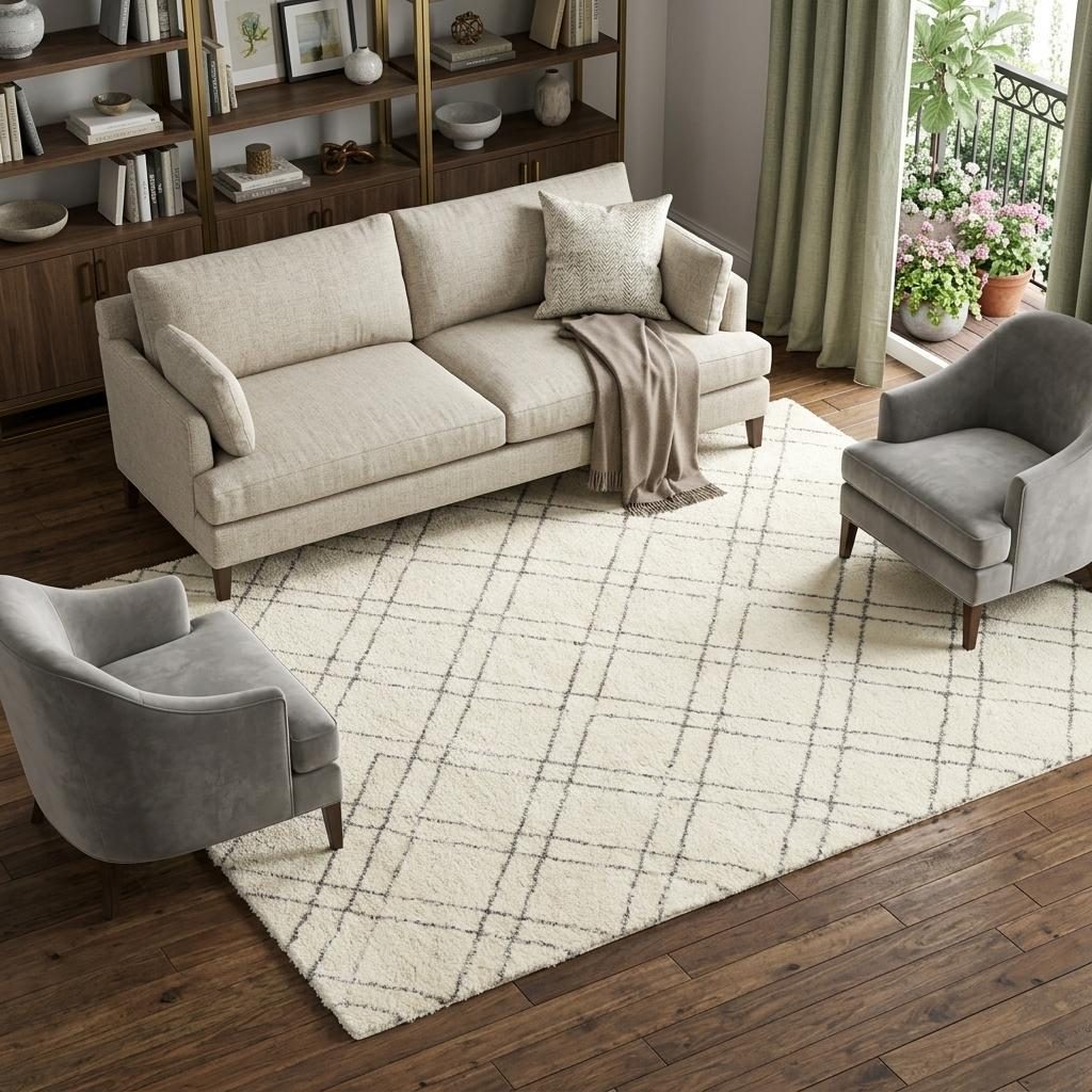 7′ X 9′ Ivory and Gray Geometric Shag Area Rug