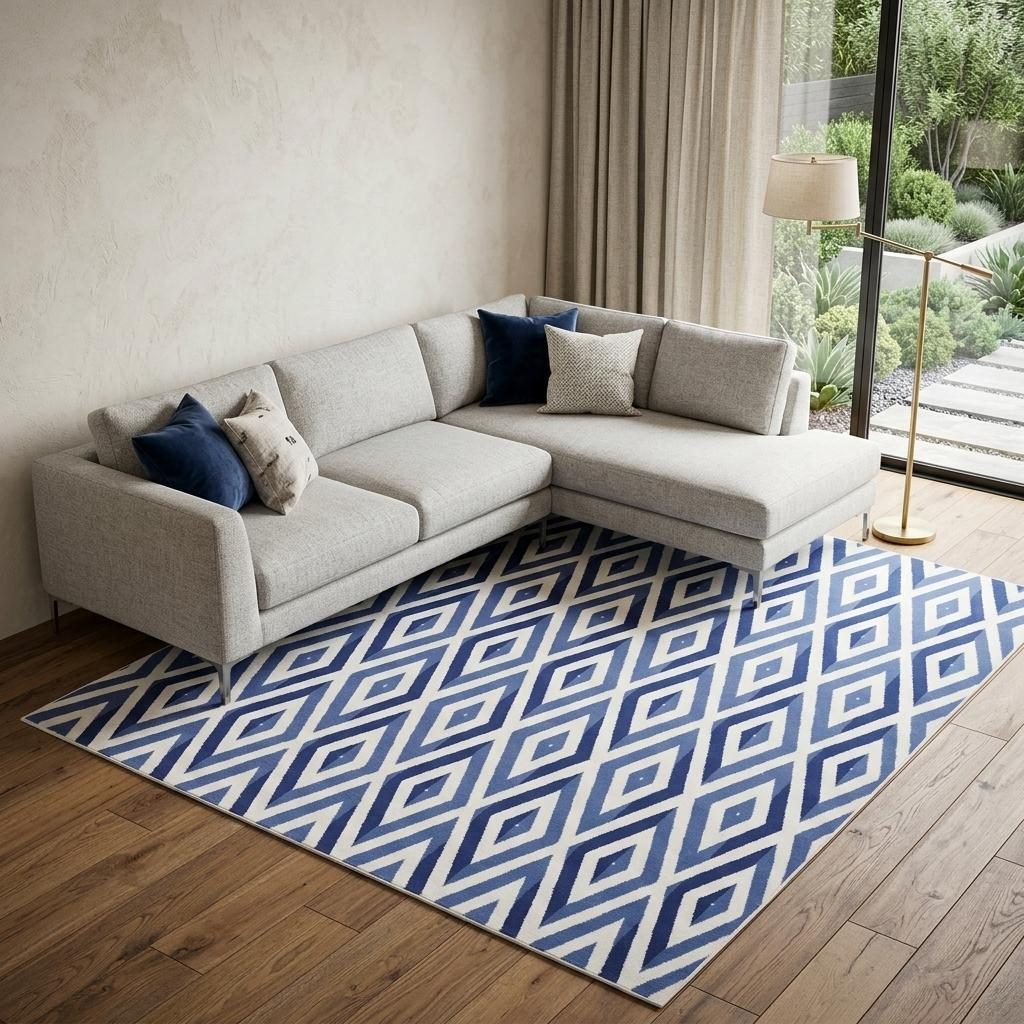8′ X 12′ Ivory and Blue Geometric Distressed Area Rug