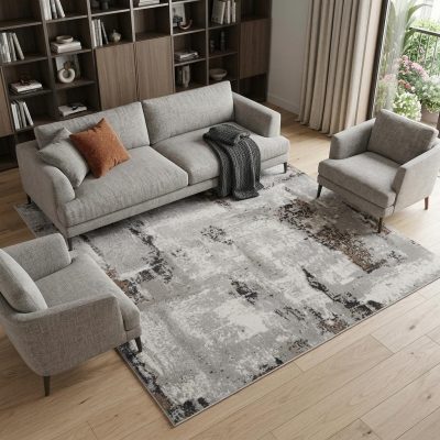 9′ X 12′ Ivory Black and Gray Abstract Area Rug