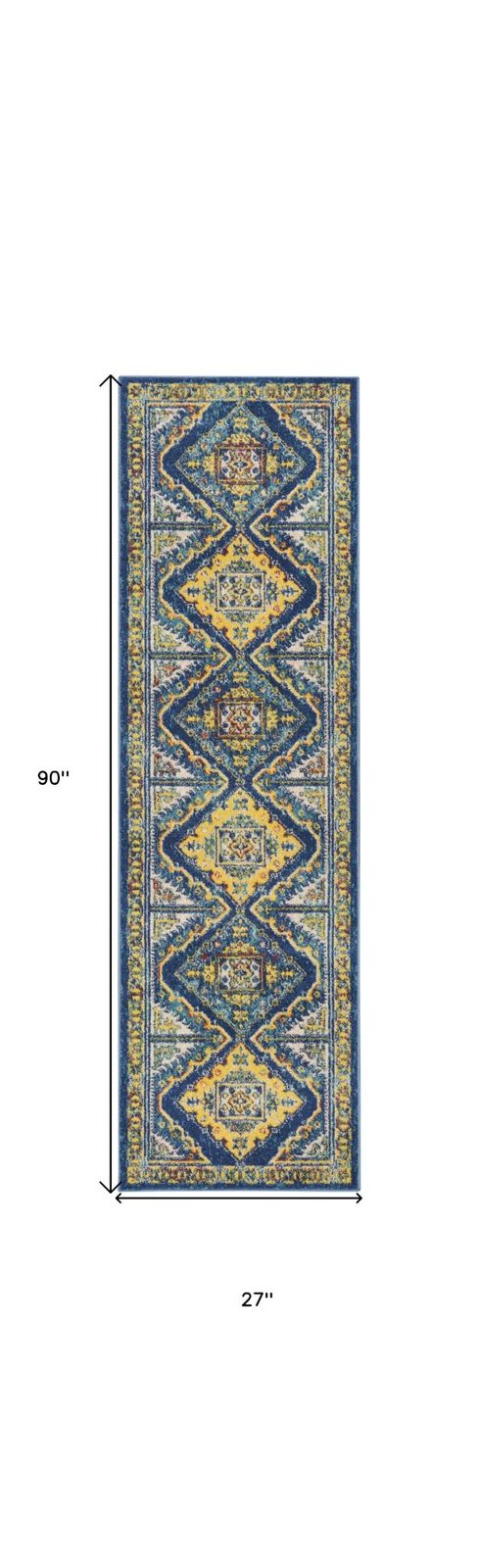 8′ Blue and Yellow Oriental Runner Rug