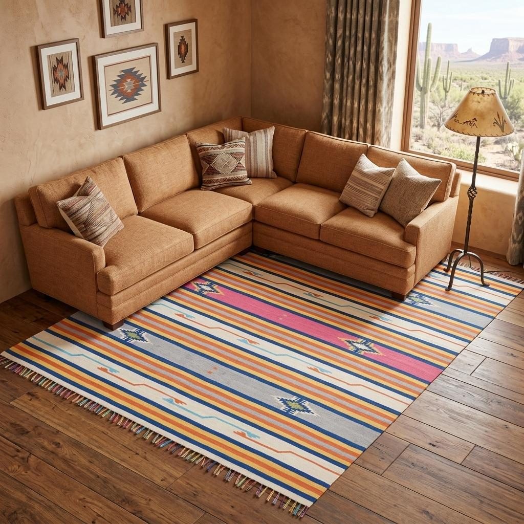 Ivory Southwestern Cotton Area Rug With Fringe, 8′ × 10′