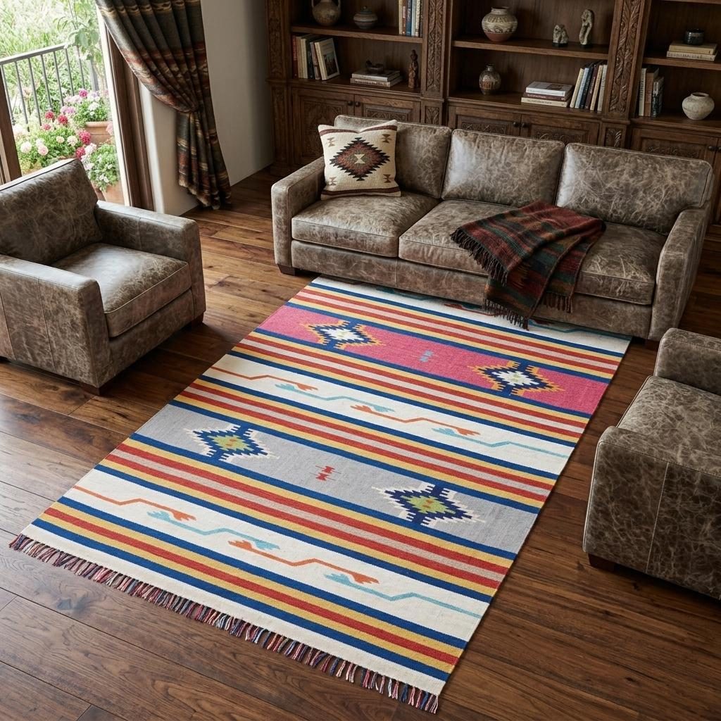 Ivory Southwestern Cotton Area Rug With Fringe, 7′ × 10′