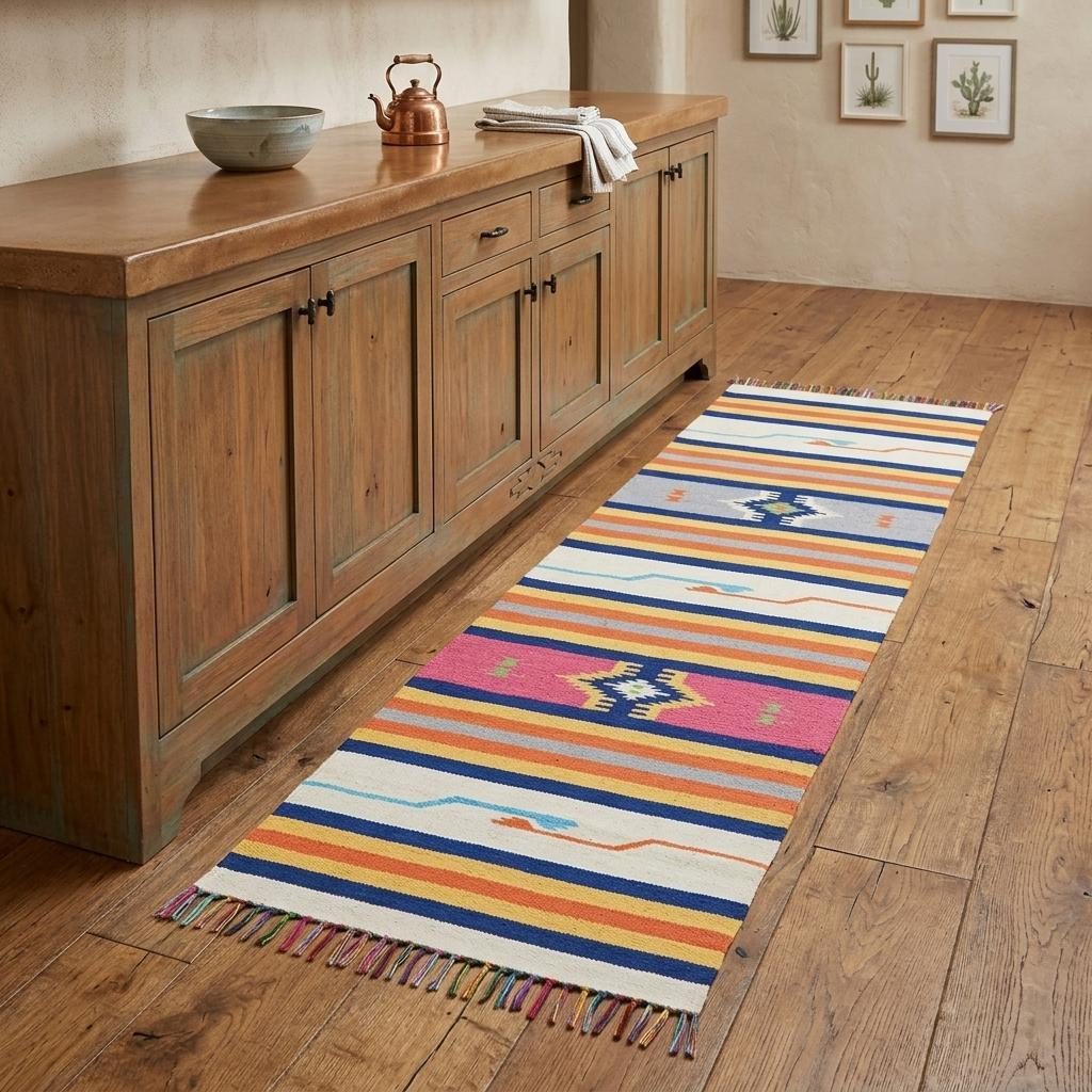 Ivory Southwestern Cotton Area Rug With Fringe, 8′ Runner
