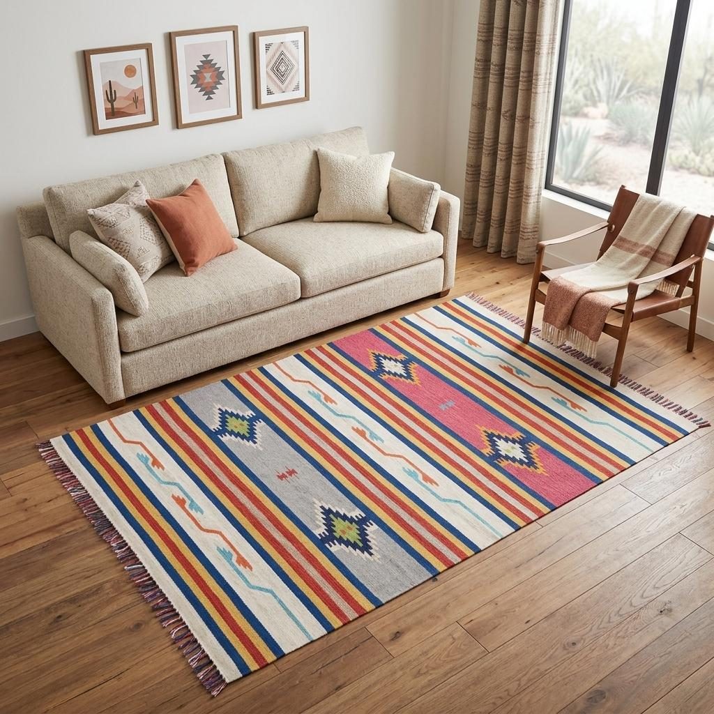 Ivory Southwestern Cotton Area Rug With Fringe, 5′ × 7′