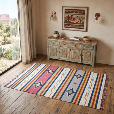 Ivory Southwestern Cotton Area Rug With Fringe