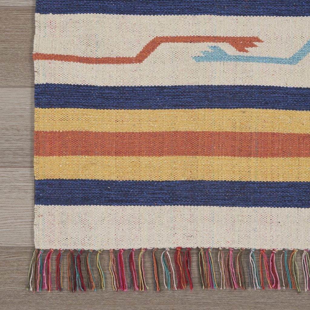 Ivory Southwestern Cotton Area Rug With Fringe
