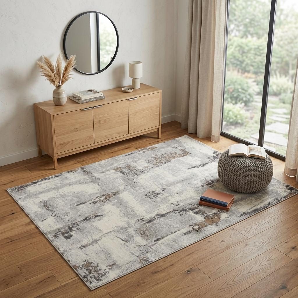 4′ X 6′ Ivory Black Gray Abstract Non-Skid Area Rug